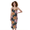 Japanese Chrysanthemum Pattern Print Slim Fit Midi Cami Dress