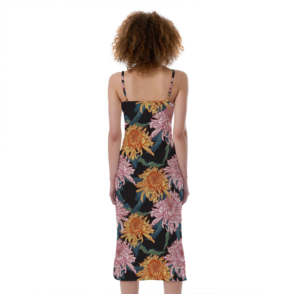 Japanese Chrysanthemum Pattern Print Slim Fit Midi Cami Dress