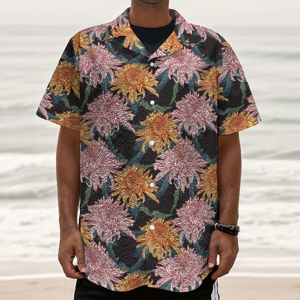 Japanese Chrysanthemum Pattern Print Textured Short Sleeve Shirt