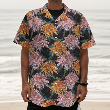 Japanese Chrysanthemum Pattern Print Textured Short Sleeve Shirt