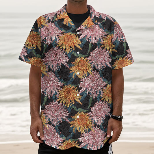 Japanese Chrysanthemum Pattern Print Textured Short Sleeve Shirt