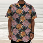 Japanese Chrysanthemum Pattern Print Textured Short Sleeve Shirt