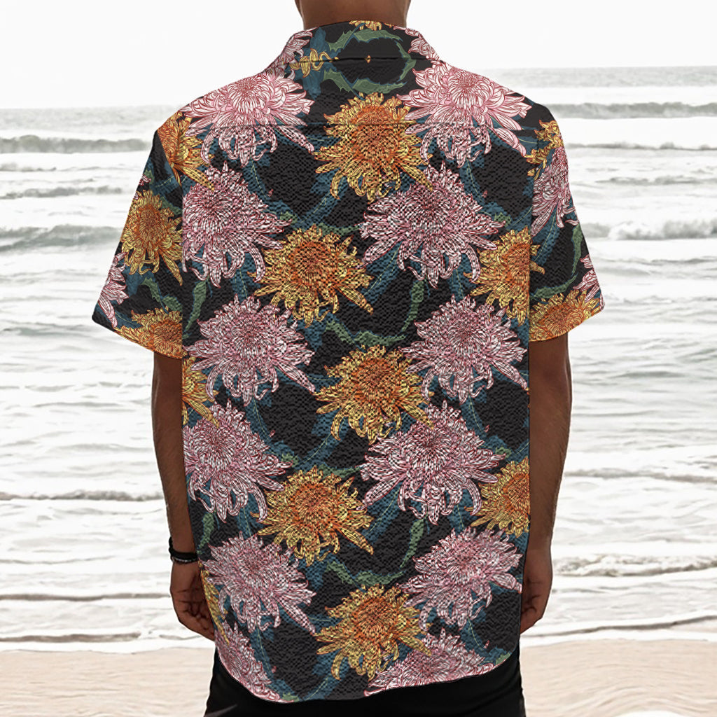 Japanese Chrysanthemum Pattern Print Textured Short Sleeve Shirt