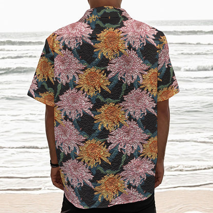 Japanese Chrysanthemum Pattern Print Textured Short Sleeve Shirt