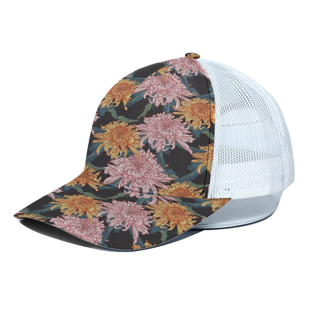 Japanese Chrysanthemum Pattern Print White Mesh Trucker Cap