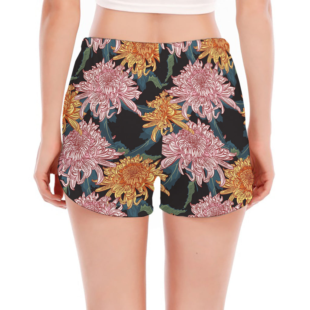 Japanese Chrysanthemum Pattern Print Women's Split Running Shorts