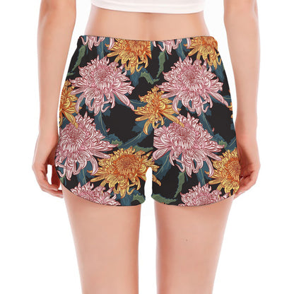 Japanese Chrysanthemum Pattern Print Women's Split Running Shorts