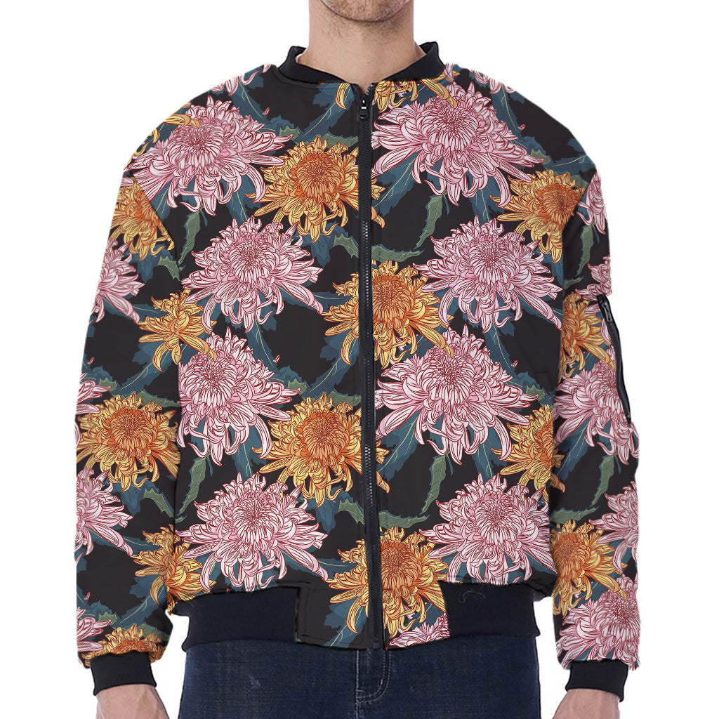 Japanese Chrysanthemum Pattern Print Zip Sleeve Bomber Jacket