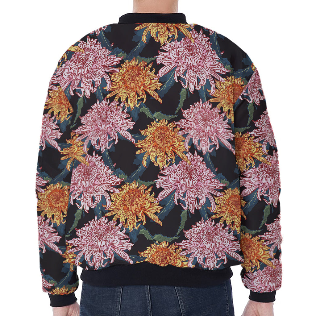 Japanese Chrysanthemum Pattern Print Zip Sleeve Bomber Jacket