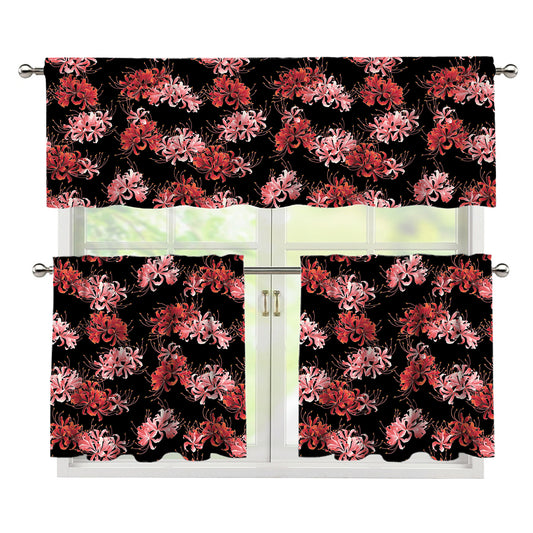 Japanese Cluster Amaryllis Pattern Print 3 Piece Kitchen Curtains