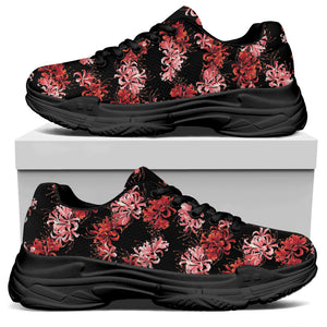 Japanese Cluster Amaryllis Pattern Print Black Chunky Shoes