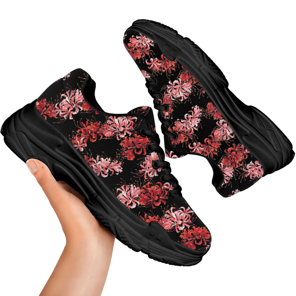 Japanese Cluster Amaryllis Pattern Print Black Chunky Shoes