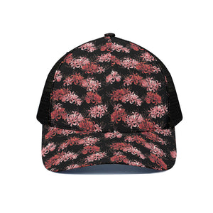 Japanese Cluster Amaryllis Pattern Print Black Mesh Trucker Cap