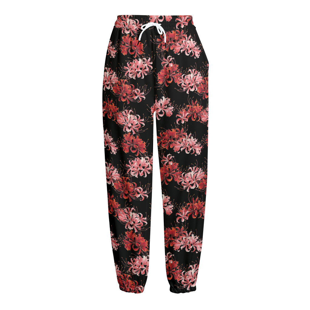 Japanese Cluster Amaryllis Pattern Print Fleece Lined Knit Pants