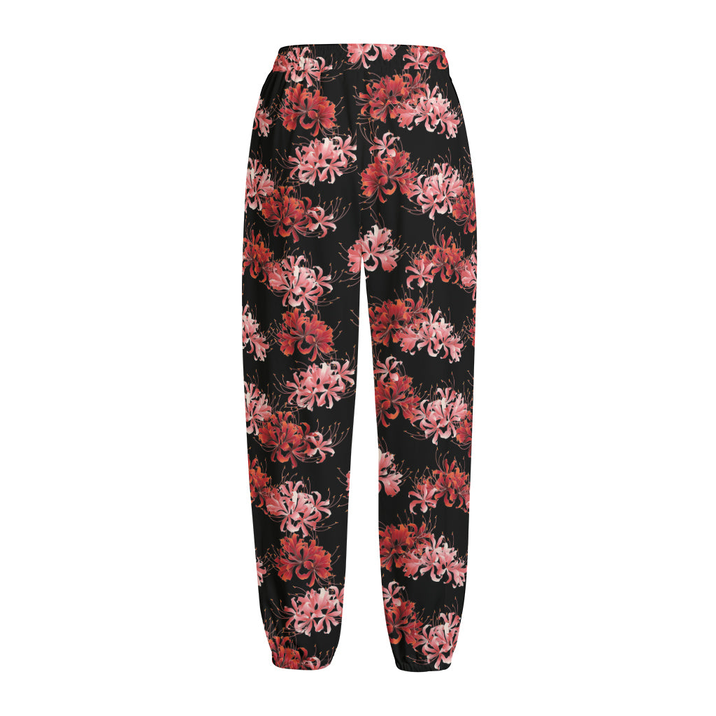 Japanese Cluster Amaryllis Pattern Print Fleece Lined Knit Pants