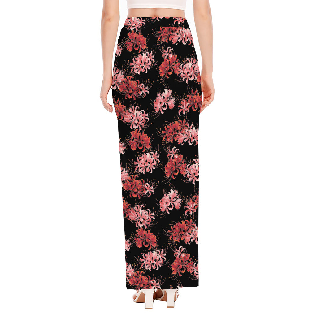 Japanese Cluster Amaryllis Pattern Print High Slit Maxi Skirt