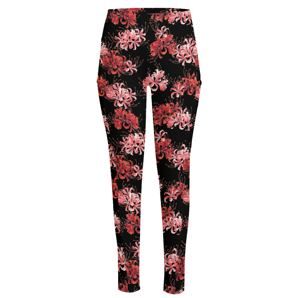 Japanese Cluster Amaryllis Pattern Print High-Waisted Pocket Leggings