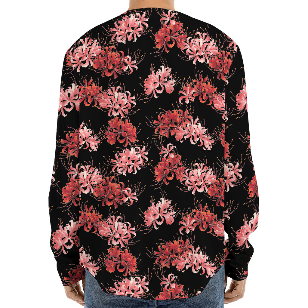 Japanese Cluster Amaryllis Pattern Print Long Sleeve Baseball Jersey