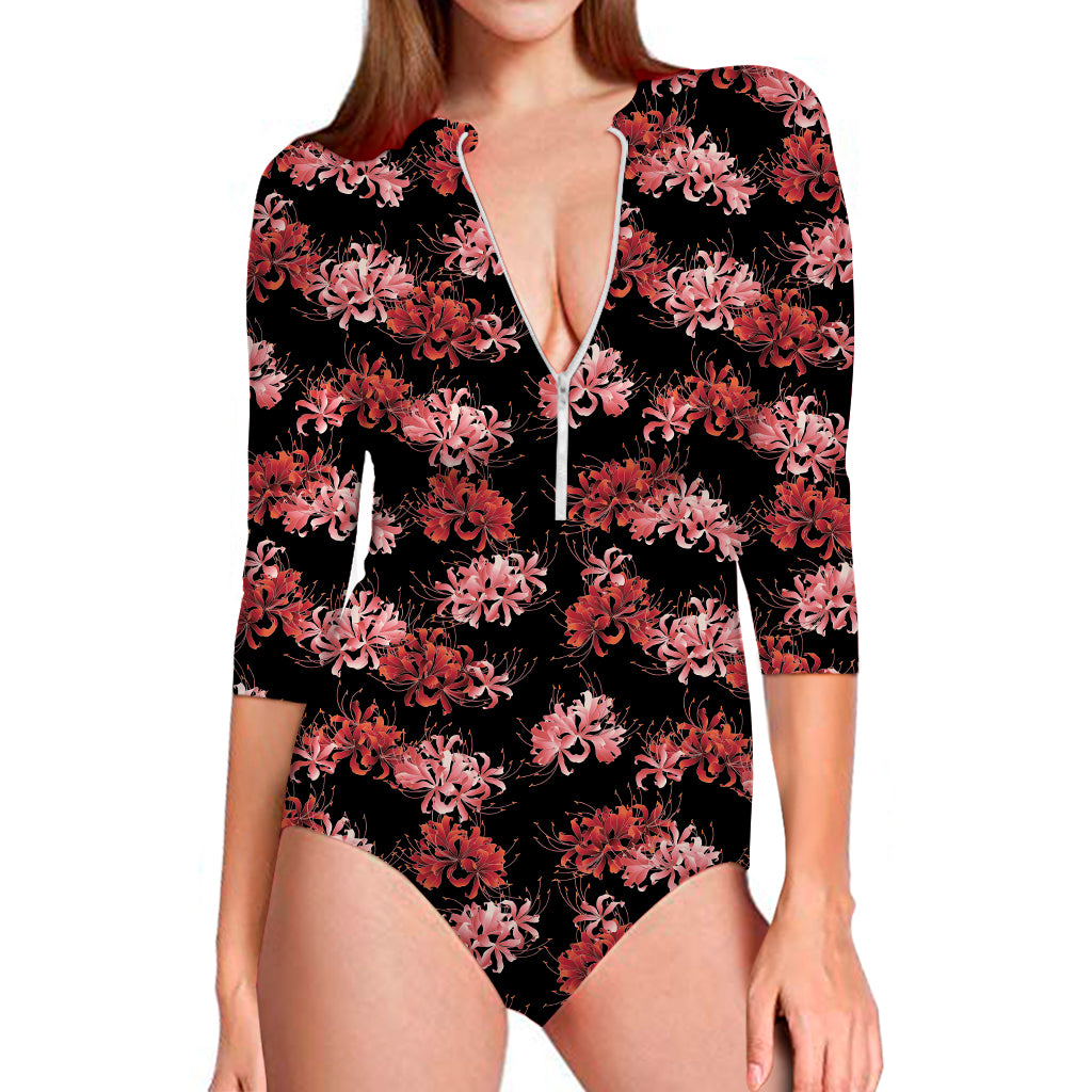 Japanese Cluster Amaryllis Pattern Print Long Sleeve Swimsuit