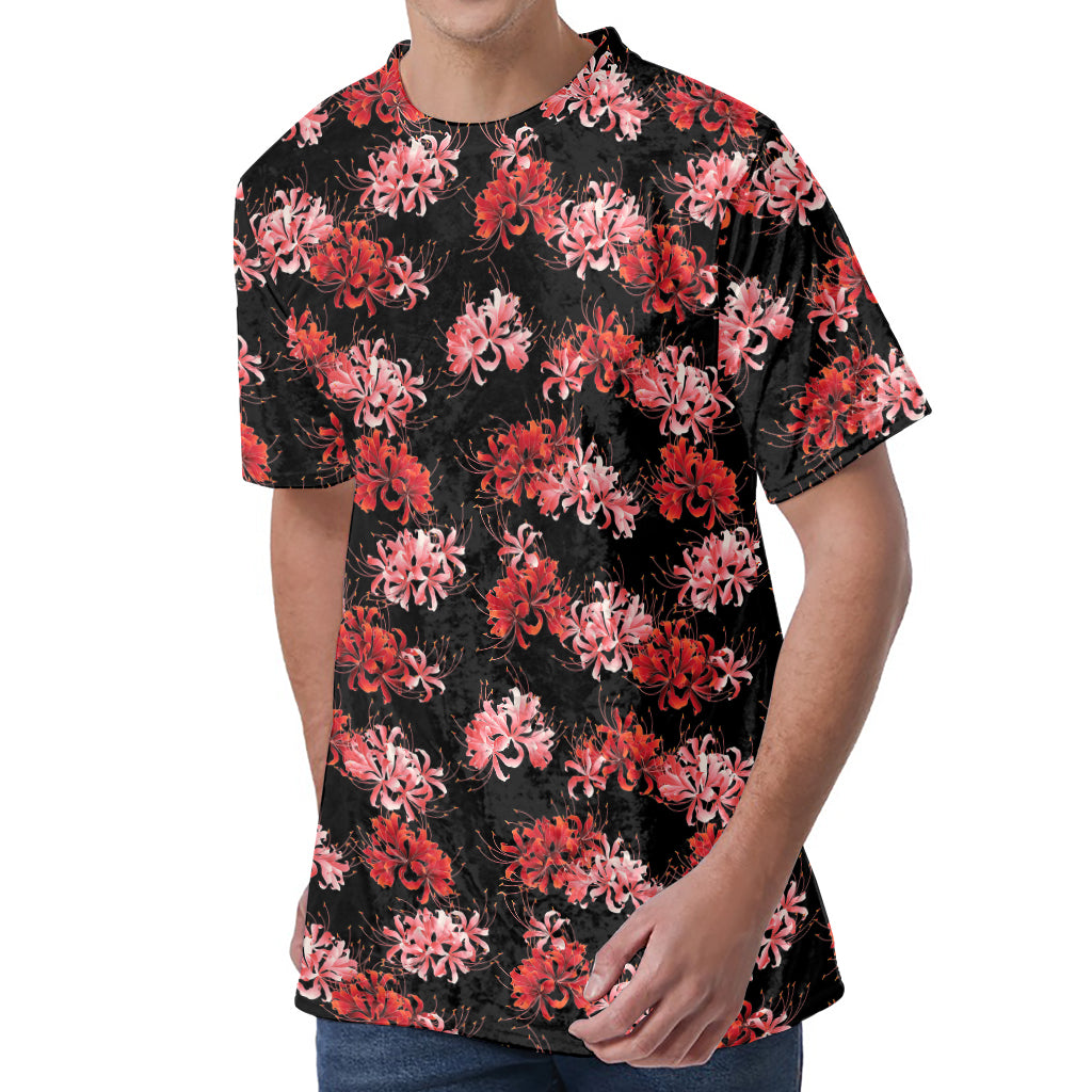 Japanese Cluster Amaryllis Pattern Print Men's Velvet T-Shirt