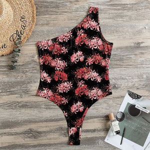 Japanese Cluster Amaryllis Pattern Print One Shoulder Bodysuit