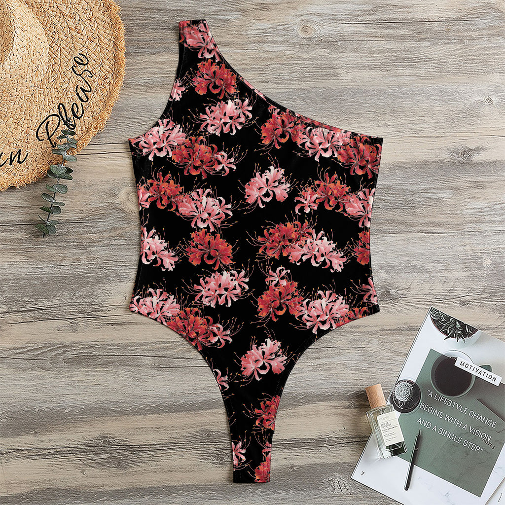 Japanese Cluster Amaryllis Pattern Print One Shoulder Bodysuit