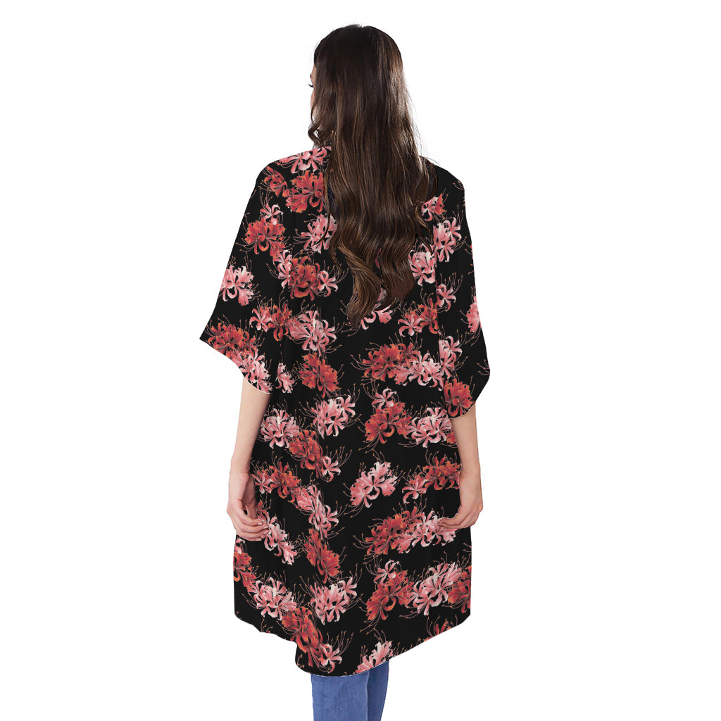 Japanese Cluster Amaryllis Pattern Print Open Front Beach Cover Up