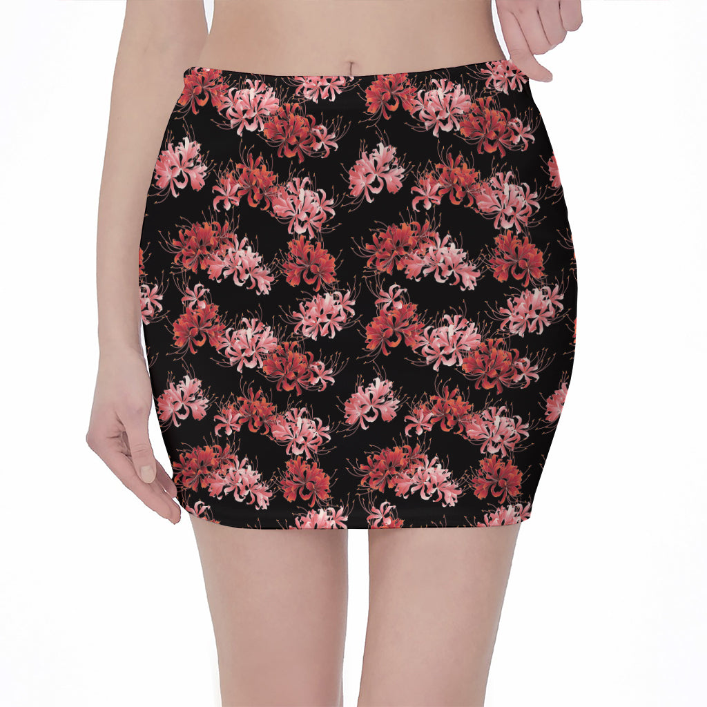 Japanese Cluster Amaryllis Pattern Print Pencil Mini Skirt