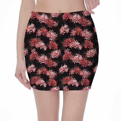Japanese Cluster Amaryllis Pattern Print Pencil Mini Skirt