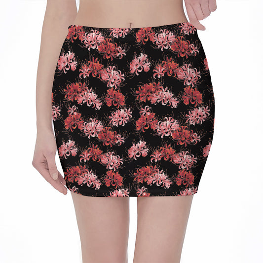 Japanese Cluster Amaryllis Pattern Print Pencil Mini Skirt