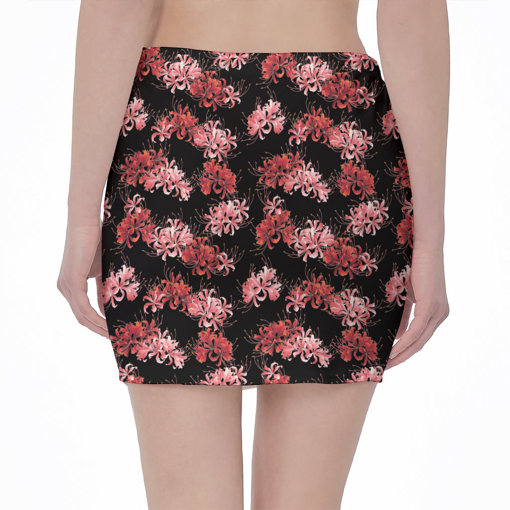 Japanese Cluster Amaryllis Pattern Print Pencil Mini Skirt