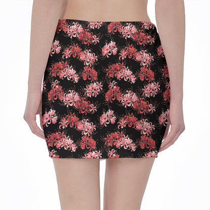 Japanese Cluster Amaryllis Pattern Print Pencil Mini Skirt