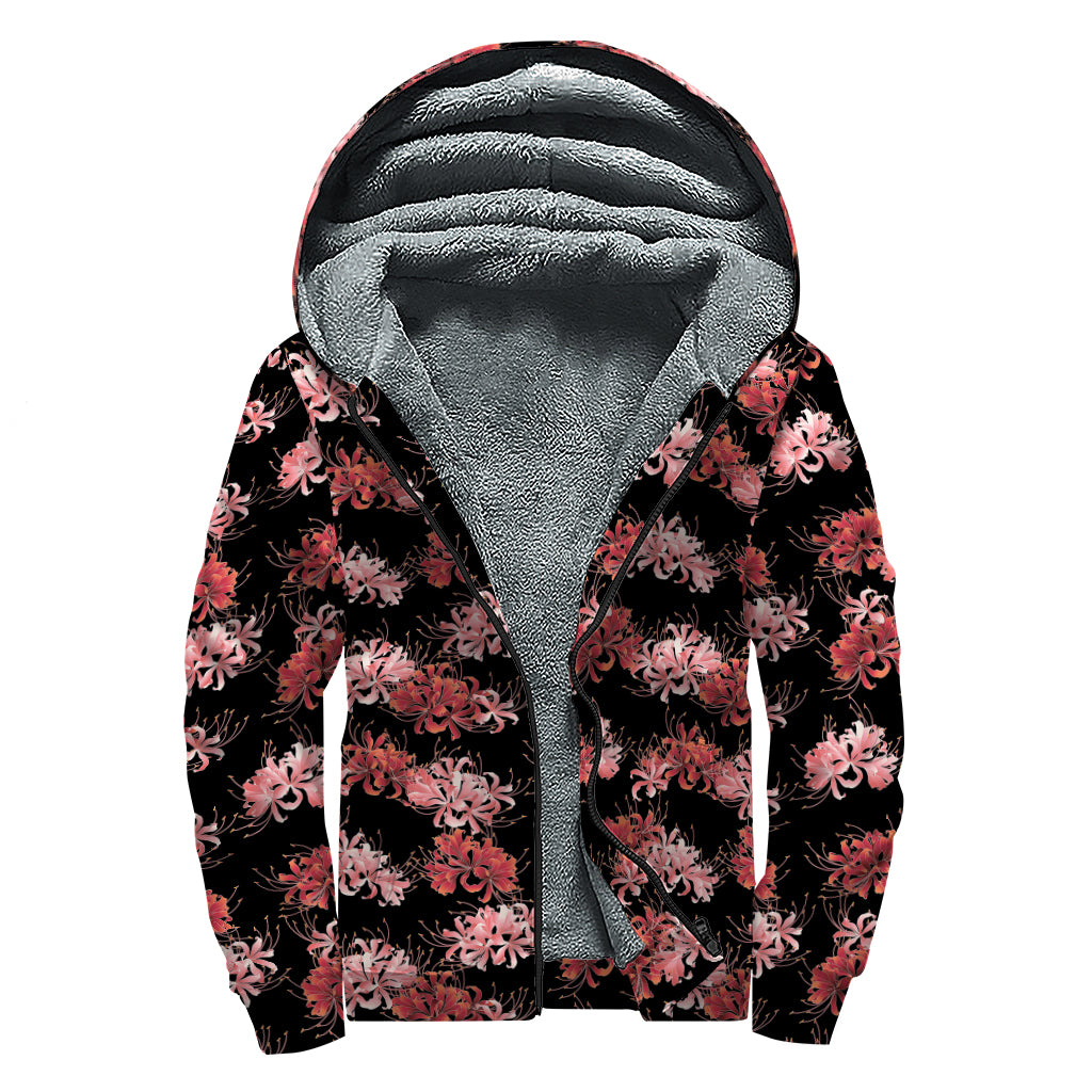 Japanese Cluster Amaryllis Pattern Print Sherpa Lined Zip Up Hoodie