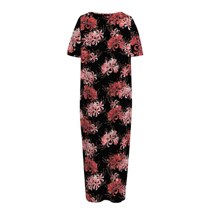 Japanese Cluster Amaryllis Pattern Print Short Sleeve Long Nightdress