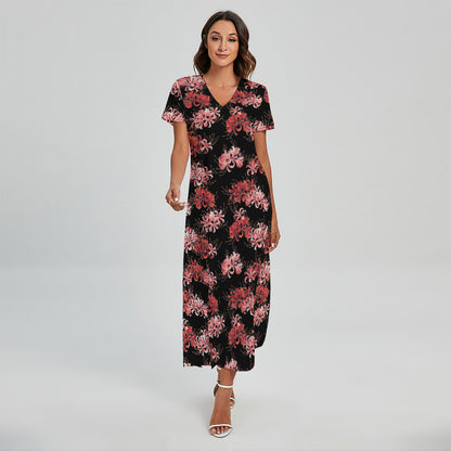 Japanese Cluster Amaryllis Pattern Print Short Sleeve Maxi Dress