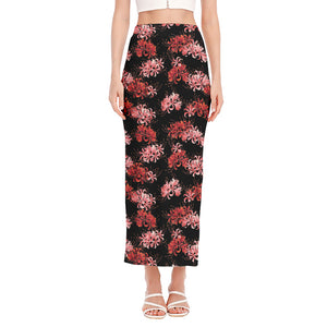 Japanese Cluster Amaryllis Pattern Print Side Slit Maxi Skirt