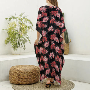 Japanese Cluster Amaryllis Pattern Print Silk V-Neck Kaftan Dress