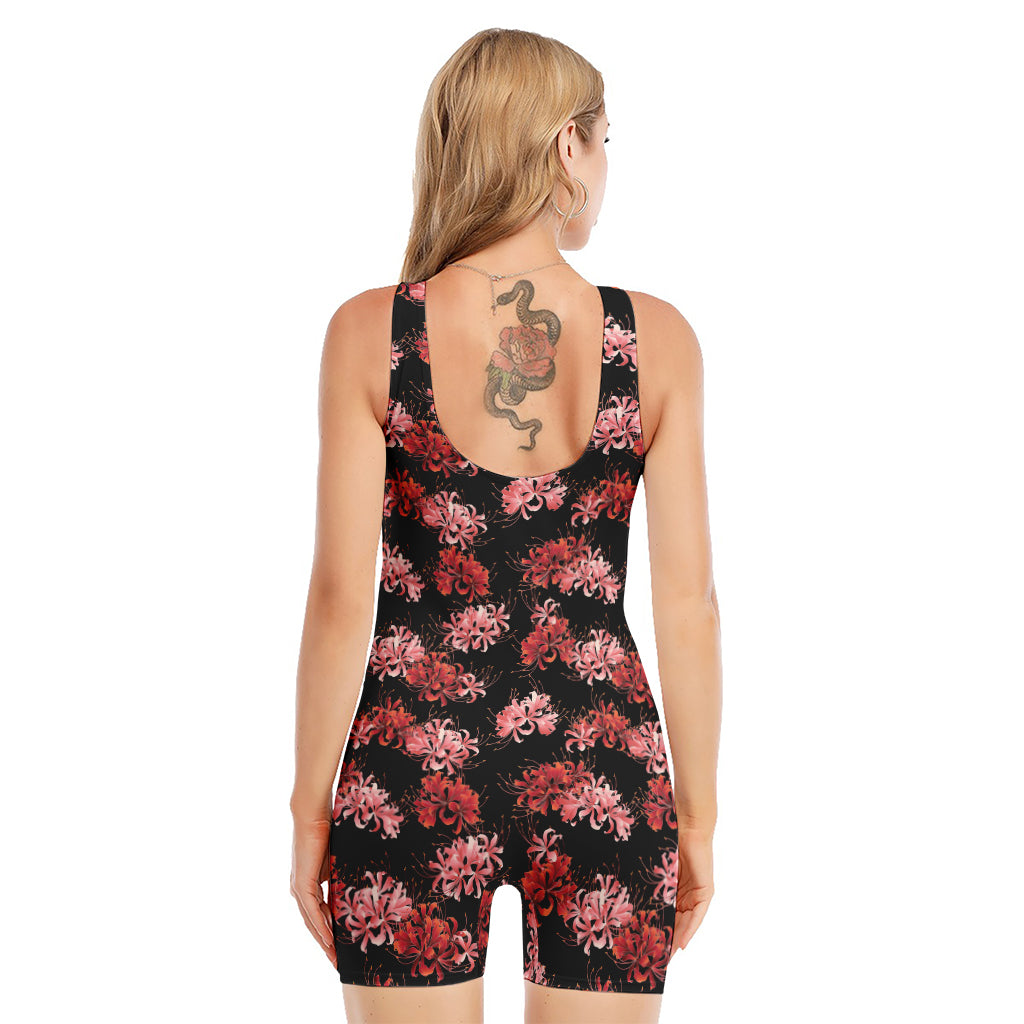 Japanese Cluster Amaryllis Pattern Print Sleeveless One Piece Swimsuit