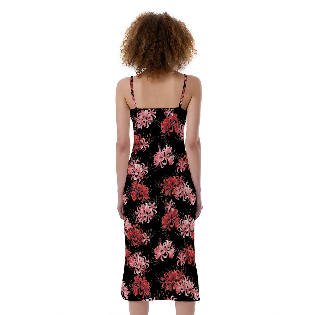 Japanese Cluster Amaryllis Pattern Print Slim Fit Midi Cami Dress