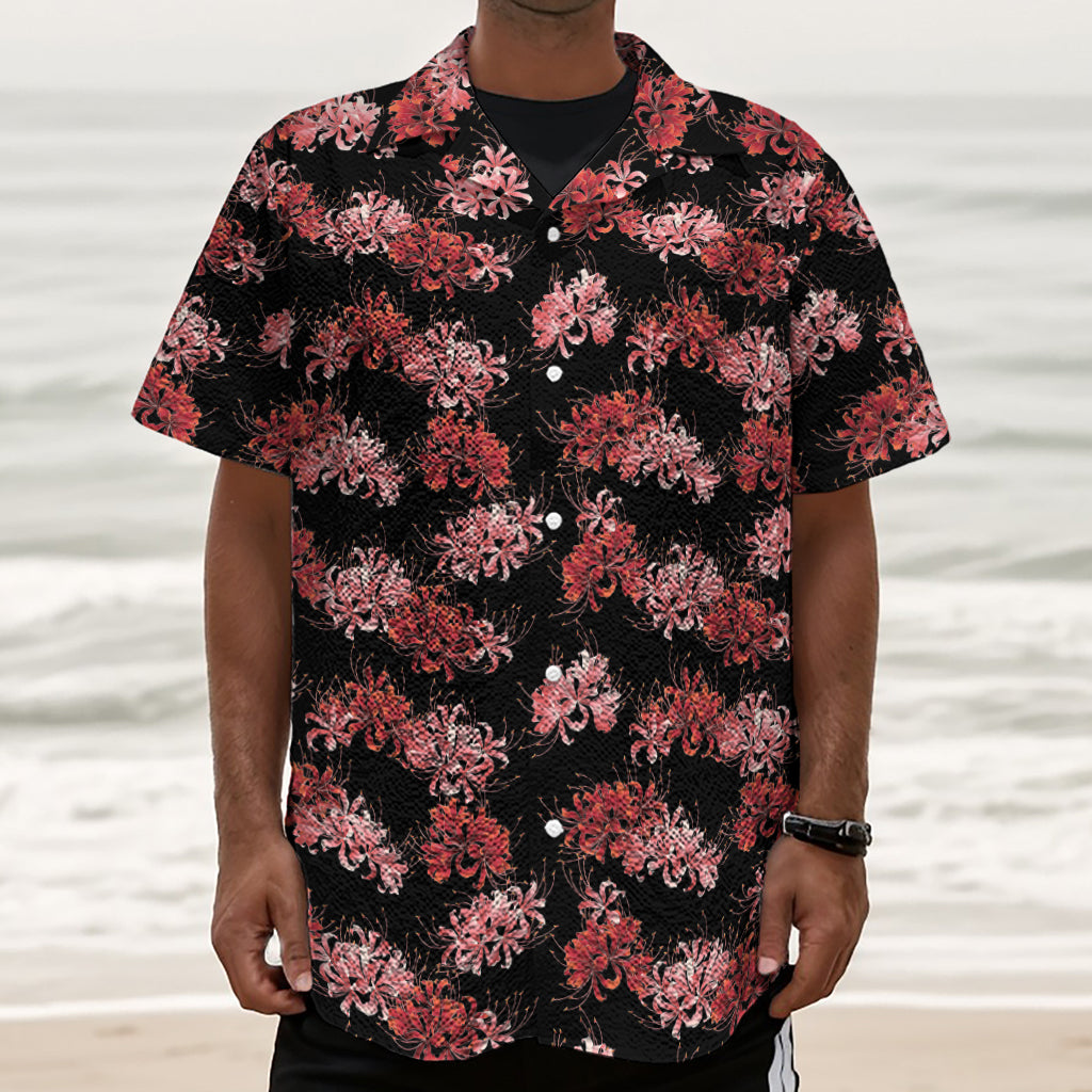 Japanese Cluster Amaryllis Pattern Print Textured Short Sleeve Shirt