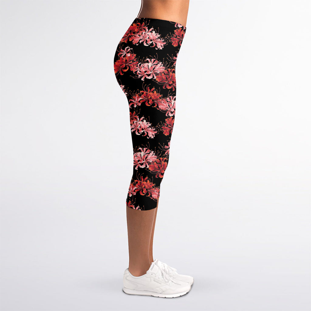 Japanese Cluster Amaryllis Pattern Print Women's Capri Leggings