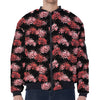 Japanese Cluster Amaryllis Pattern Print Zip Sleeve Bomber Jacket