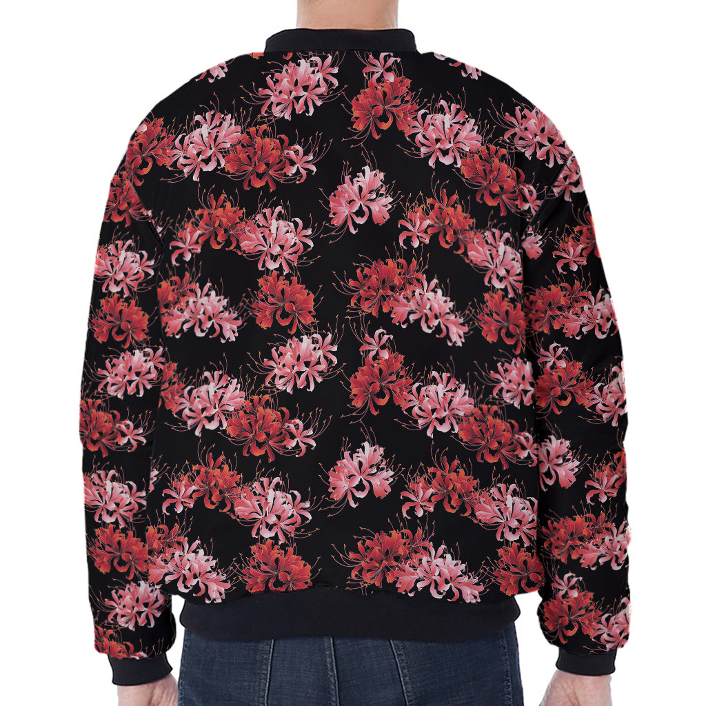 Japanese Cluster Amaryllis Pattern Print Zip Sleeve Bomber Jacket