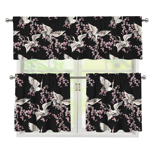 Japanese Crane Bird Pattern Print 3 Piece Kitchen Curtains
