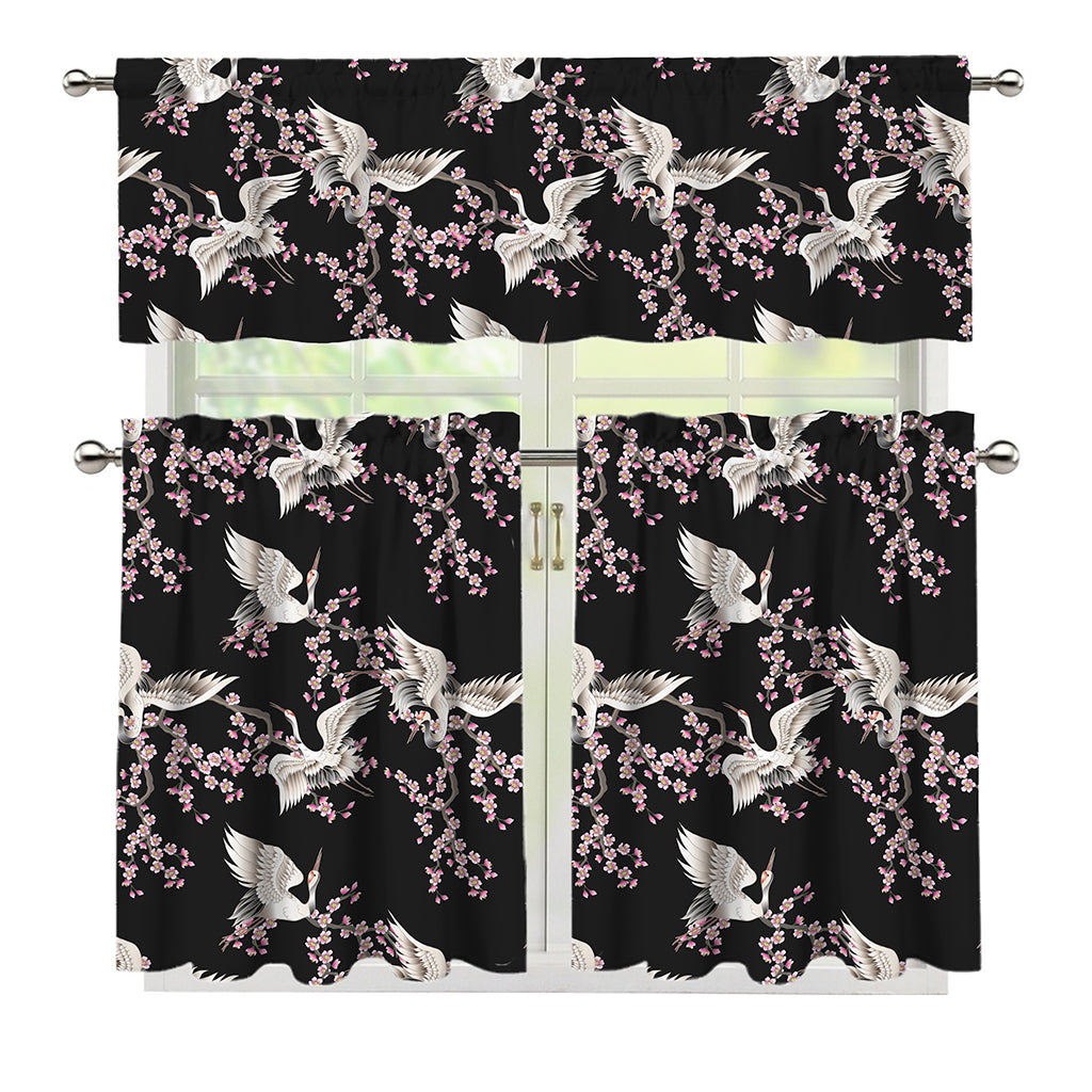 Japanese Crane Bird Pattern Print 3 Piece Kitchen Curtains