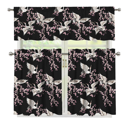 Japanese Crane Bird Pattern Print 3 Piece Kitchen Curtains