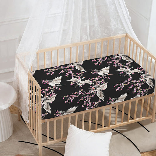 Japanese Crane Bird Pattern Print Baby Crib Sheet