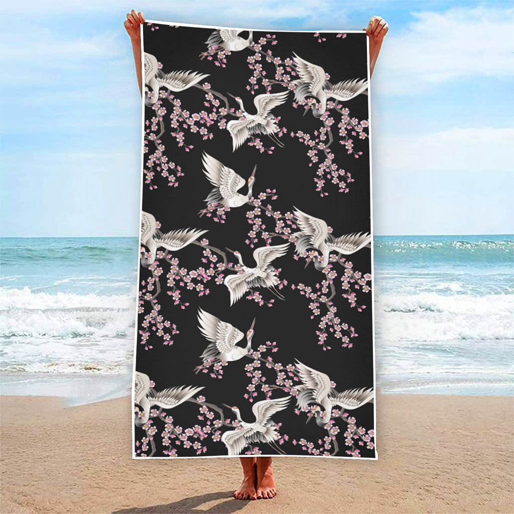 Japanese Crane Bird Pattern Print Beach Towel