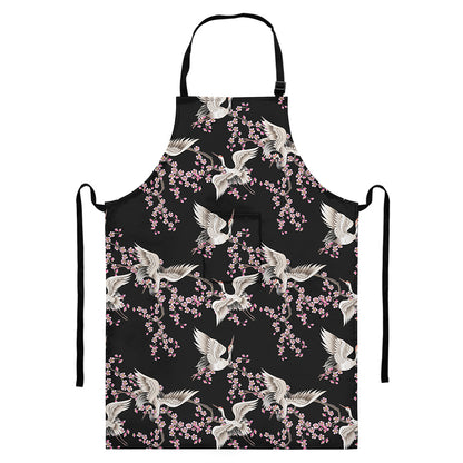 Japanese Crane Bird Pattern Print Bib Apron With Pocket