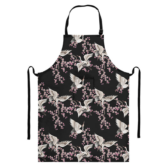 Japanese Crane Bird Pattern Print Bib Apron With Pocket